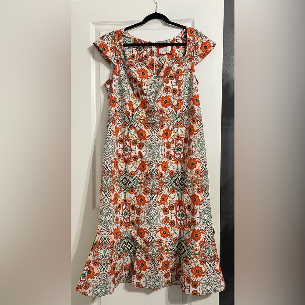 Anthropologie Mosaic Floral Midi Dress in Red, Green, Cream - Picture 6 of 15